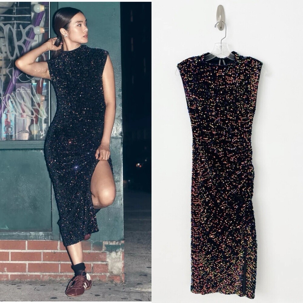 NWT Anthropologie Maya Ruched Cowl-Neck Sequin Mesh Dress XS Midi Black Stretch
